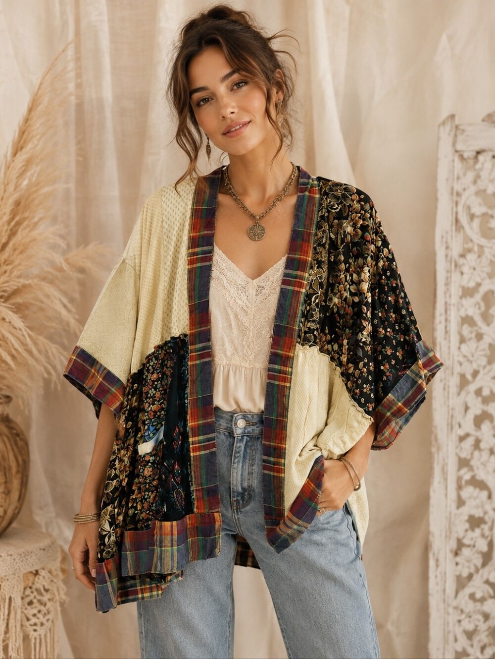 441.Patchwork Floral & Plaid Kimono Cardigan with Pockets